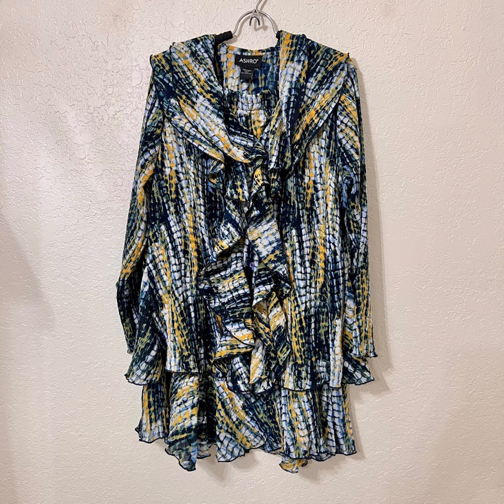 Ashro Womens XL 2 Piece Skirt Set Blue Yellow Abstract Ruffle Top Midi Skirt - Picture 2 of 11